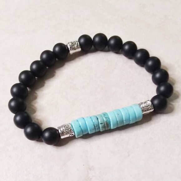 Minimalist! Turquoise Howlite Heishi Beads + Black Stone Beads! Coastal Cowgirl - Picture 4 of 9